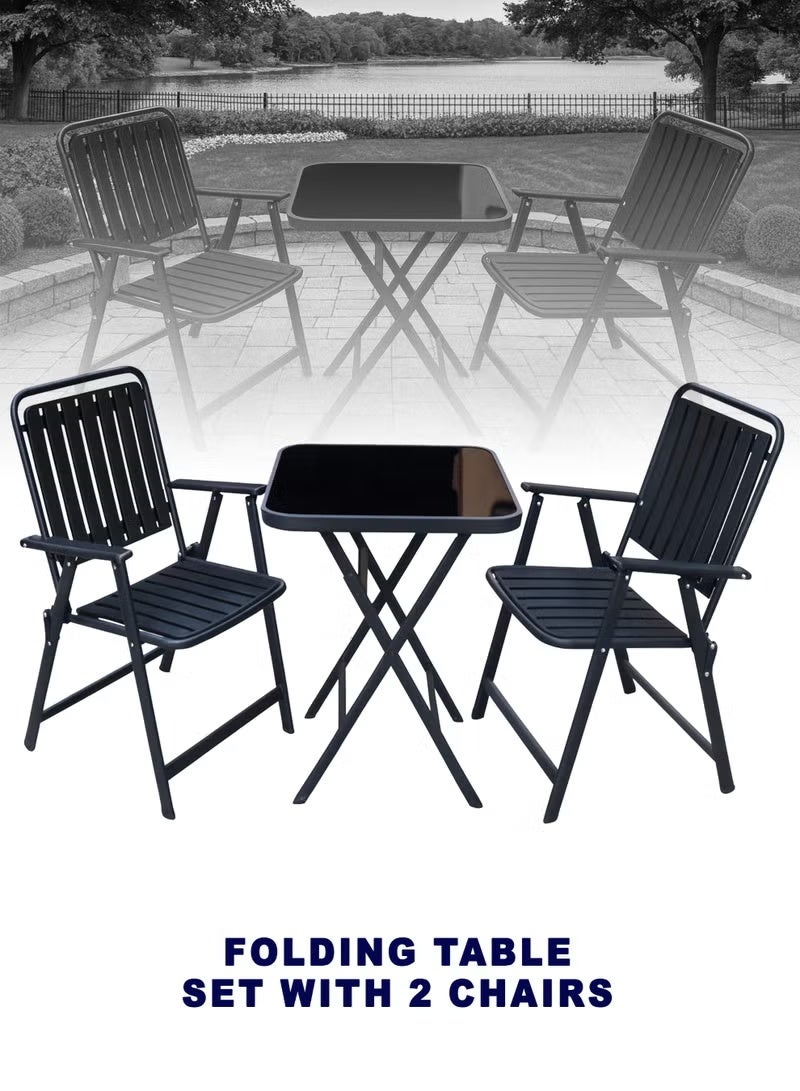DubaiGallery Square Glass Table Outdoor Bistro Set with 2 Metal Chairs Chic and functional outdoor furniture set designed for comfort and durability, powder-coated metal frame, smooth glass tabletop, ideal for balcony relaxation or outdoor dining moments. - Image 2